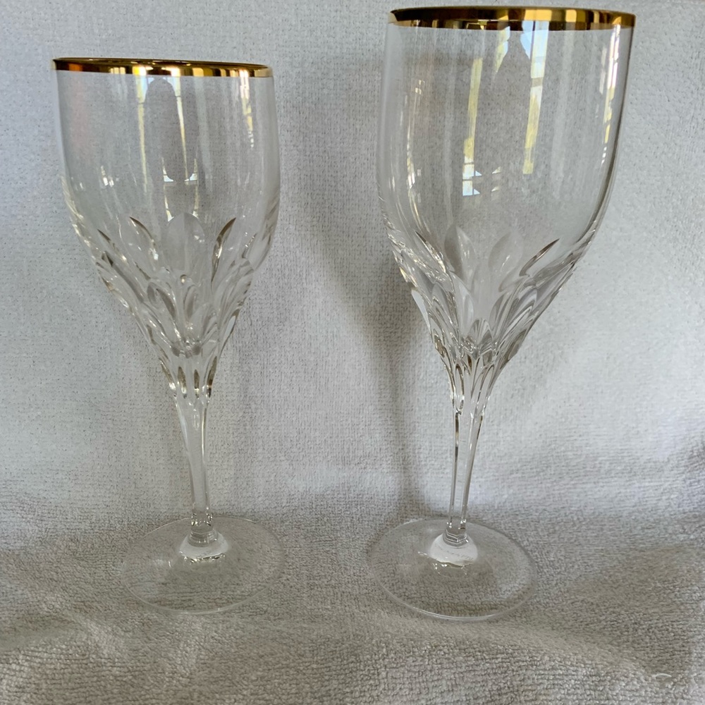 Gorham brand crystal water and wine glasses. Diamond gold pattern
